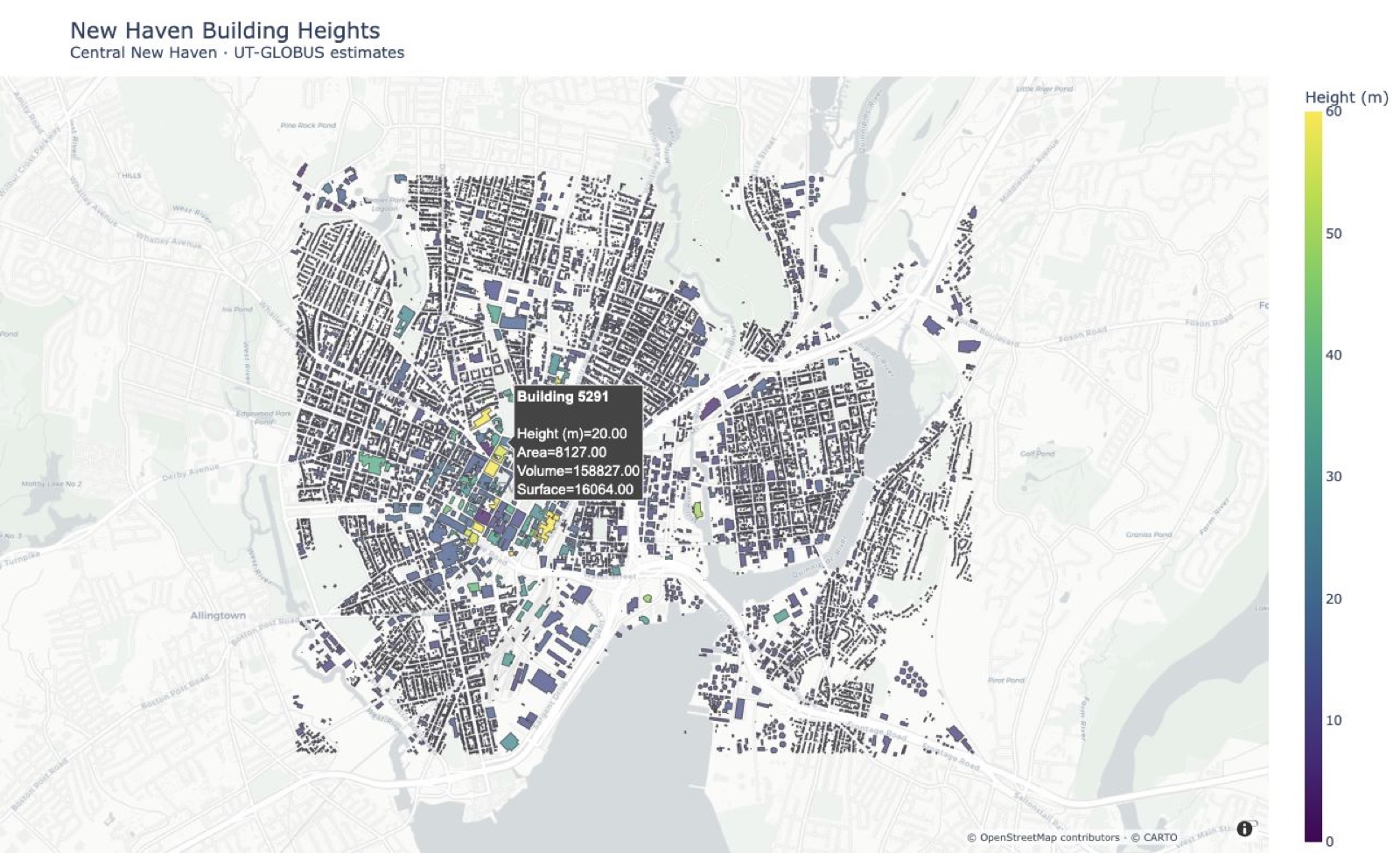 Map of estimated building heights across central New Haven